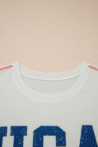 Plus size USA corded knit graphic T-shirt for women by Byzantium Bay, featuring a bold patriotic design and comfortable fit.