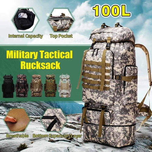 Yellow Pandora waterproof outdoor camping hiking backpack with 100L large capacity, designed for outdoor adventures and rugged use.