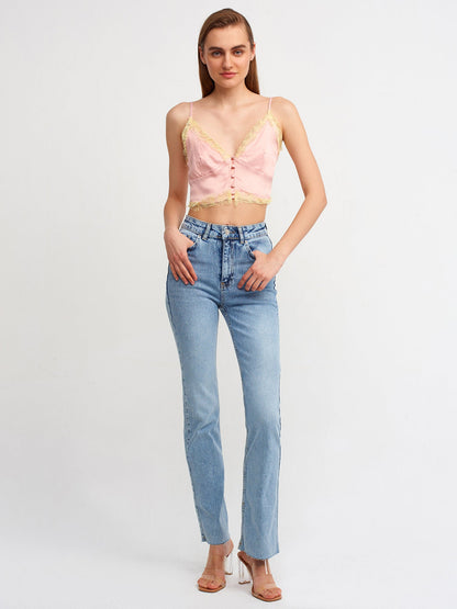 Pink lace detailed crop top for women by Ruby Dionysus, showcasing intricate lace design and fitted style.