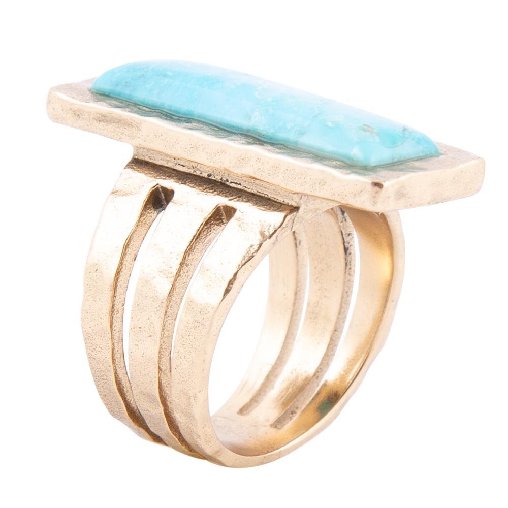 Aztec blue turquoise and gold statement ring from Start2Finish, featuring intricate jewelry design with vibrant colors and bold style.