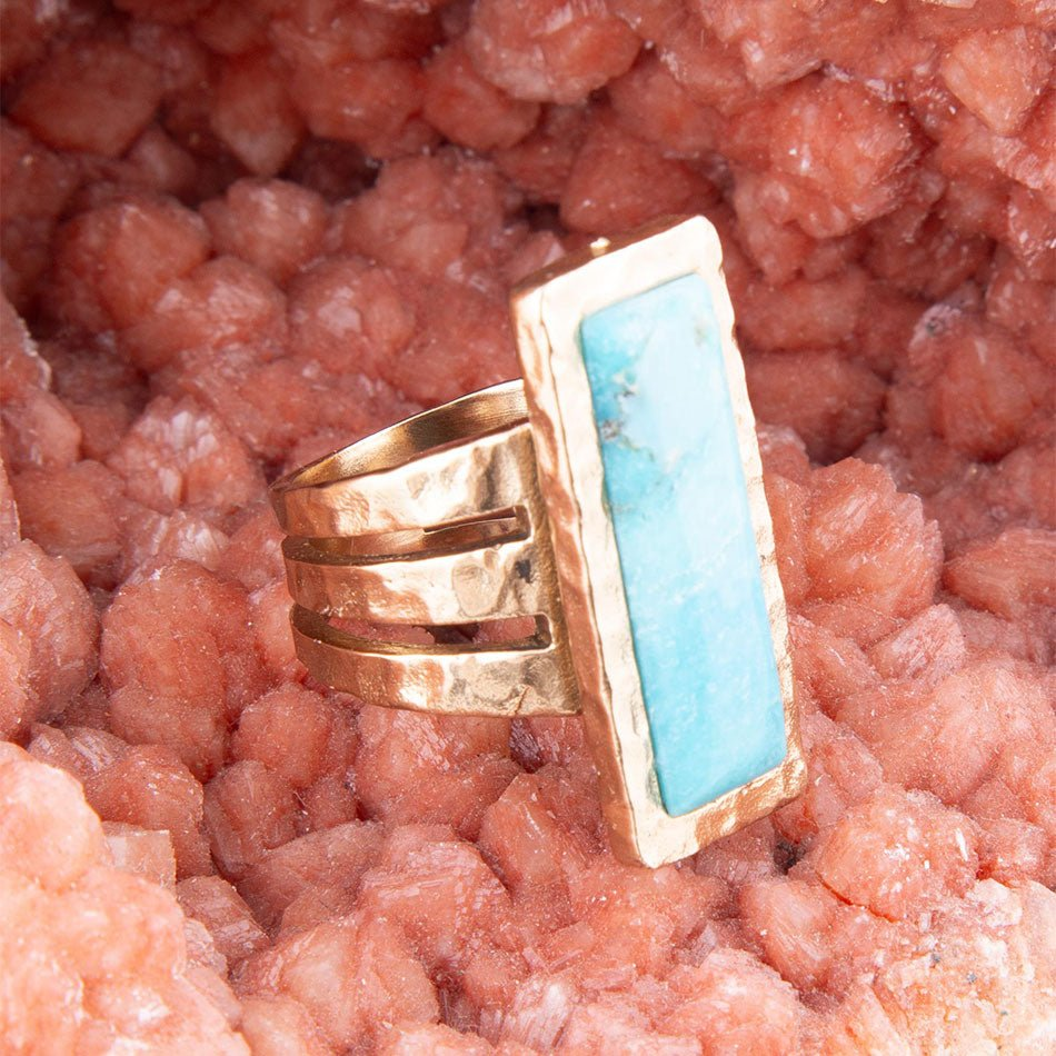Start2Finish Aztec Blue Turquoise Golden statement ring featuring intricate design and vibrant turquoise gemstone details.