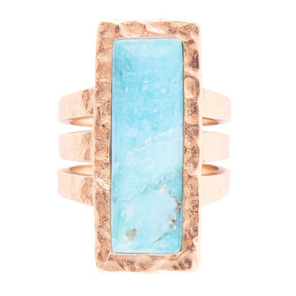 Aztec blue turquoise and gold statement jewelry ring with intricate design, crafted by Start2Finish.