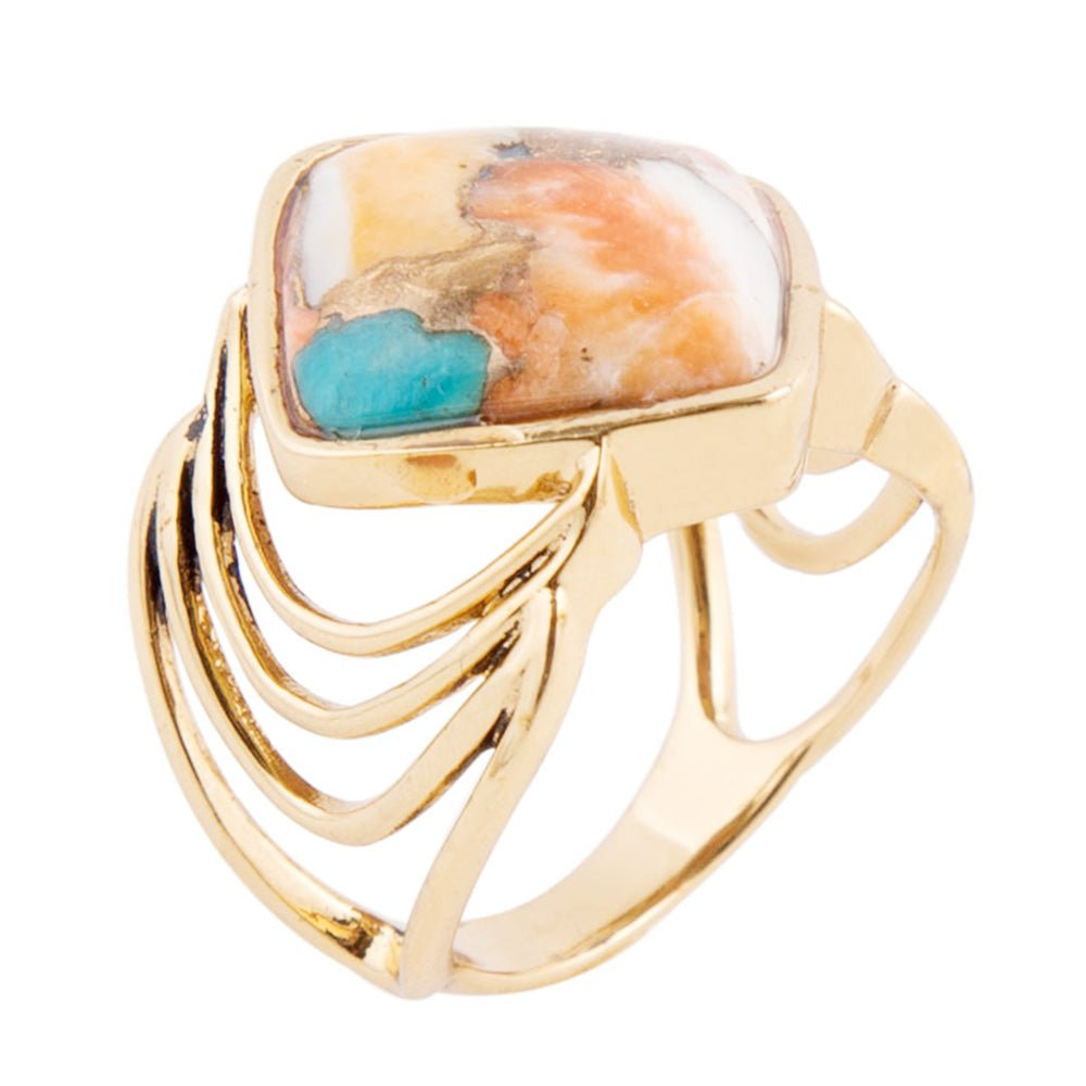 Blue turquoise and orange spiny oyster matrix gold ring featuring arrow designs, crafted by Start2Finish jewelry brand.