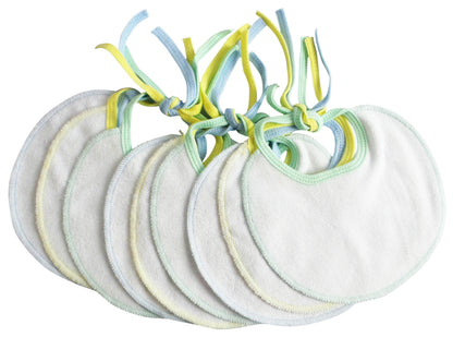 Set of nine Emerald Clover infant three-piece bibs with colorful patterns, made for keeping babies clean during feeding.