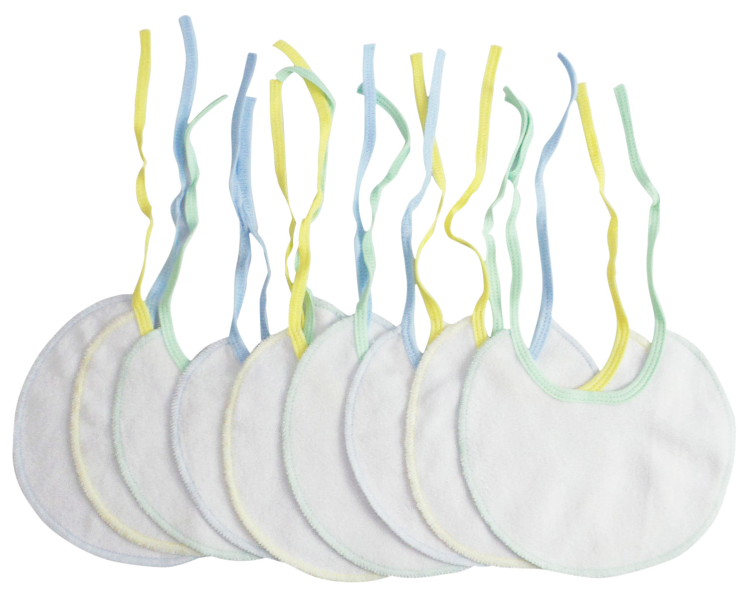 Set of nine Emerald Clover infant three-piece bibs with colorful patterns and soft fabric, ideal for feeding and teething.
