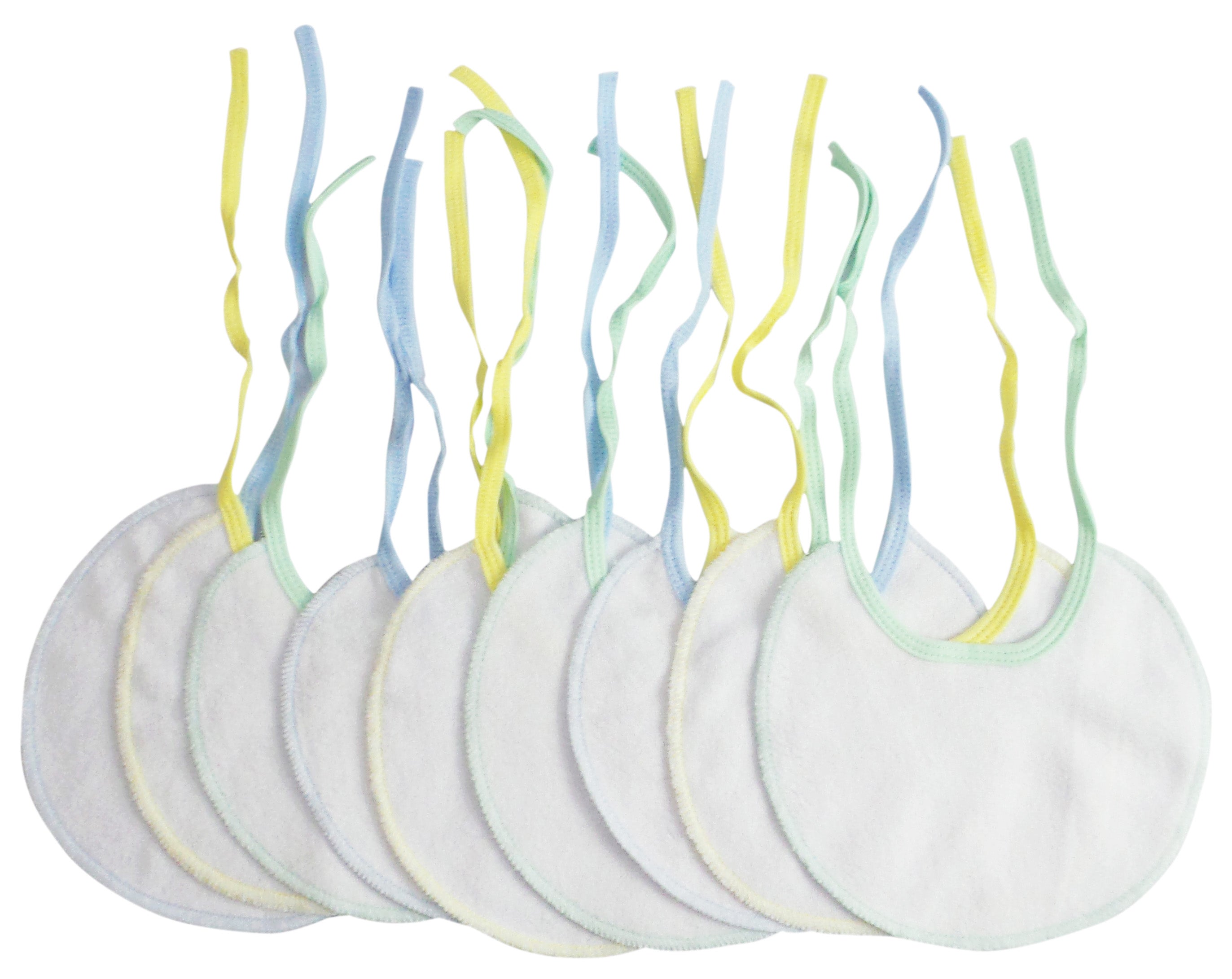 Set of nine Emerald Clover infant three-piece bibs with colorful patterns and soft fabric, ideal for feeding and teething.