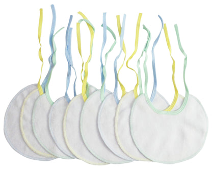 Set of nine Emerald Clover infant three-piece bibs with colorful patterns and soft fabric, ideal for feeding and teething.