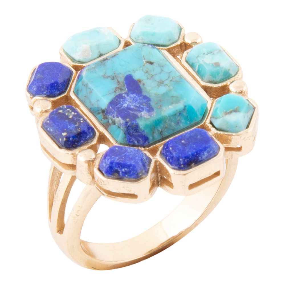 Start2Finish Duality Blue Lapis and Turquoise gold statement ring with intricate design and vibrant gemstone details.