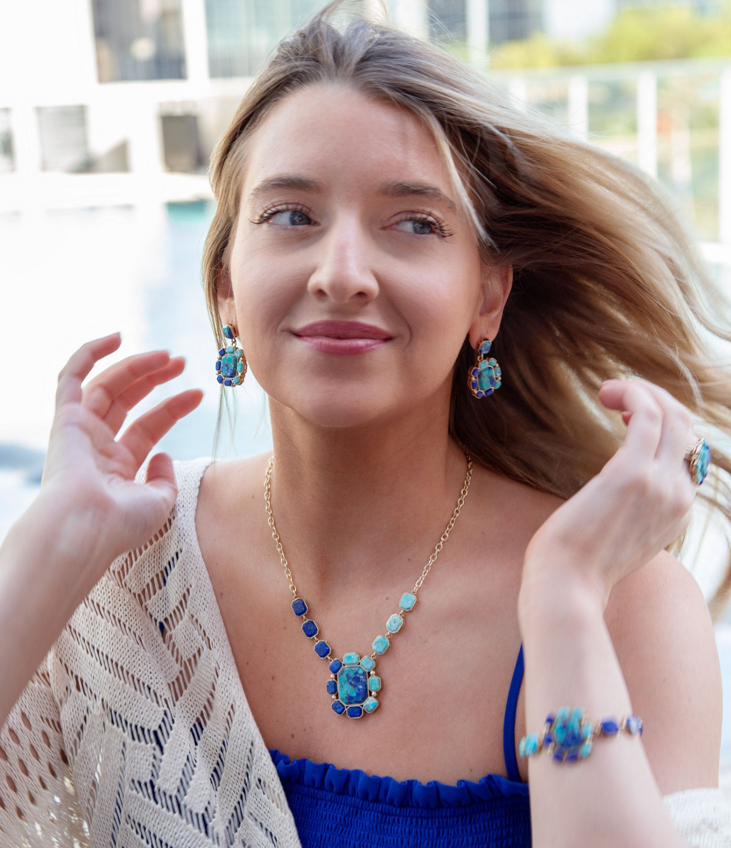 Start2Finish Duality blue lapis and turquoise statement ring featuring gold accents, showcasing intricate jewelry design.