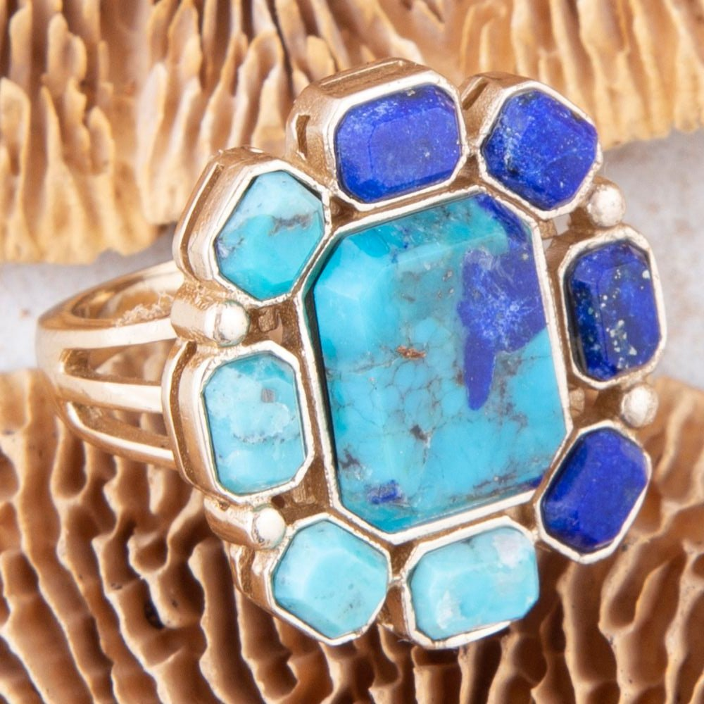 Start2Finish Duality blue lapis and turquoise statement ring with gold accents, showcasing a bold jewelry design.