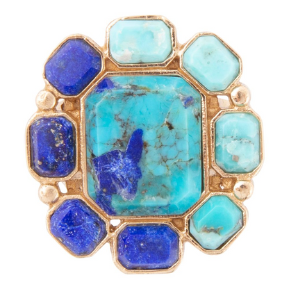 Start2Finish Duality blue lapis and turquoise statement ring with gold accents, showcasing vibrant gemstone jewelry on a silver band.