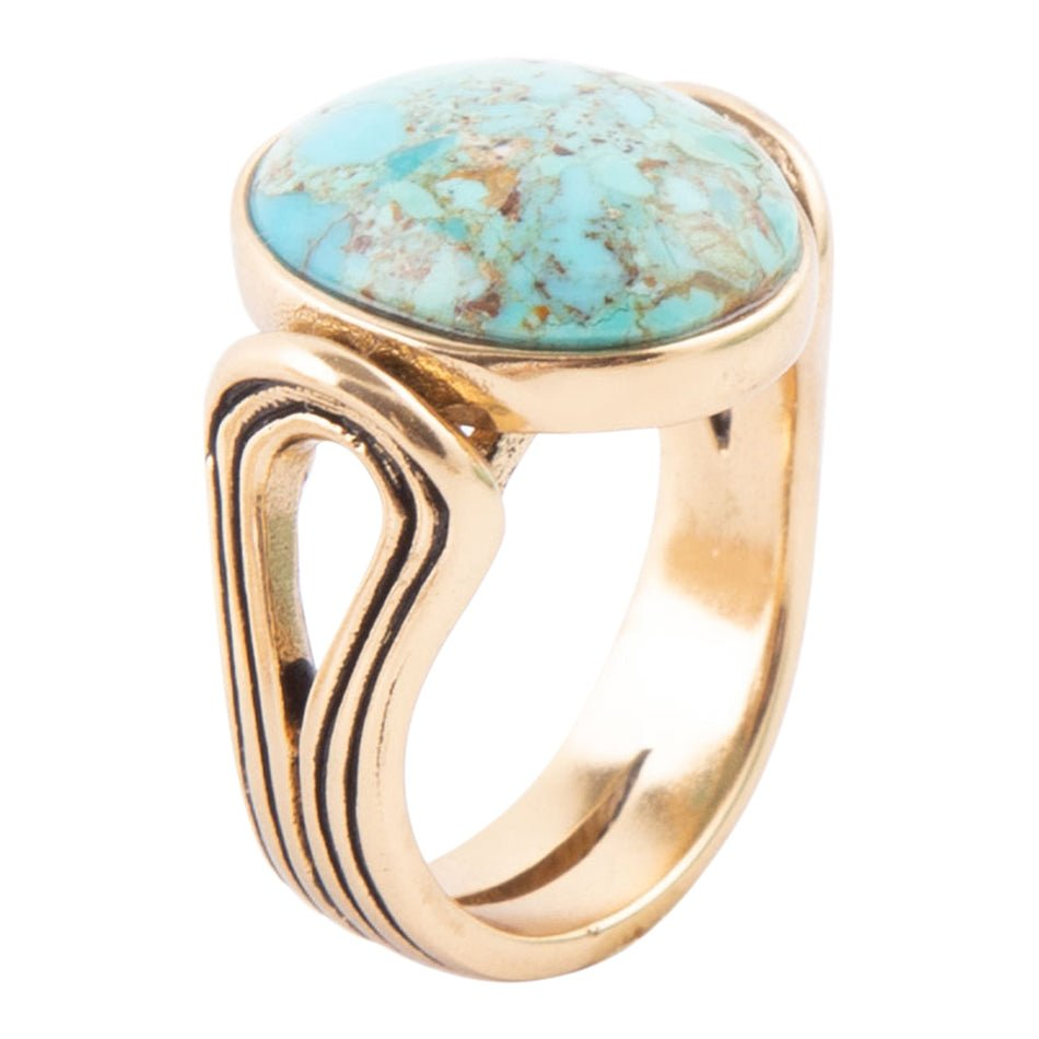 Start2Finish Nova Blue Turquoise and Golden Oval Ring, close-up of jewelry with blue turquoise and gold accents.