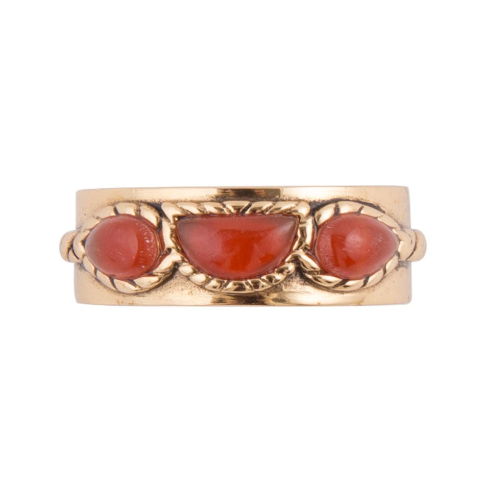 Start2Finish triple stone orange carnelian and golden jewelry ring with three polished gemstones and intricate gold band design