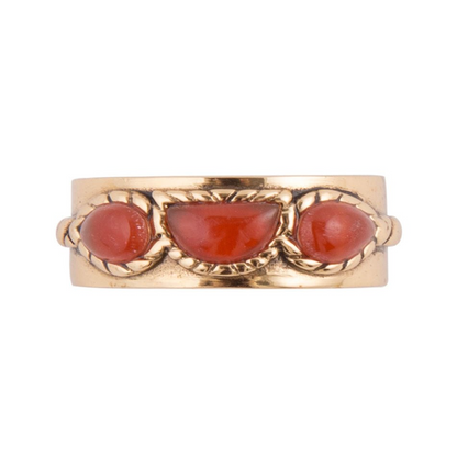 Start2Finish triple stone orange carnelian and golden jewelry ring with three polished gemstones and intricate gold band design