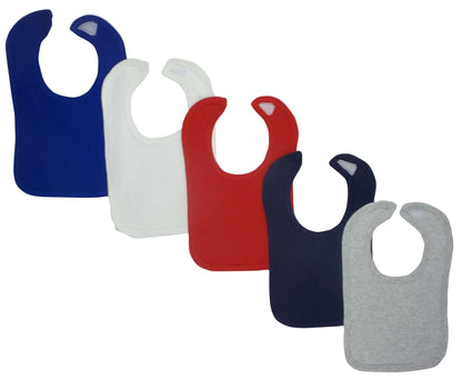 Set of five grey baby bibs by Emerald Clover, soft and absorbent, perfect for feeding and teething babies.