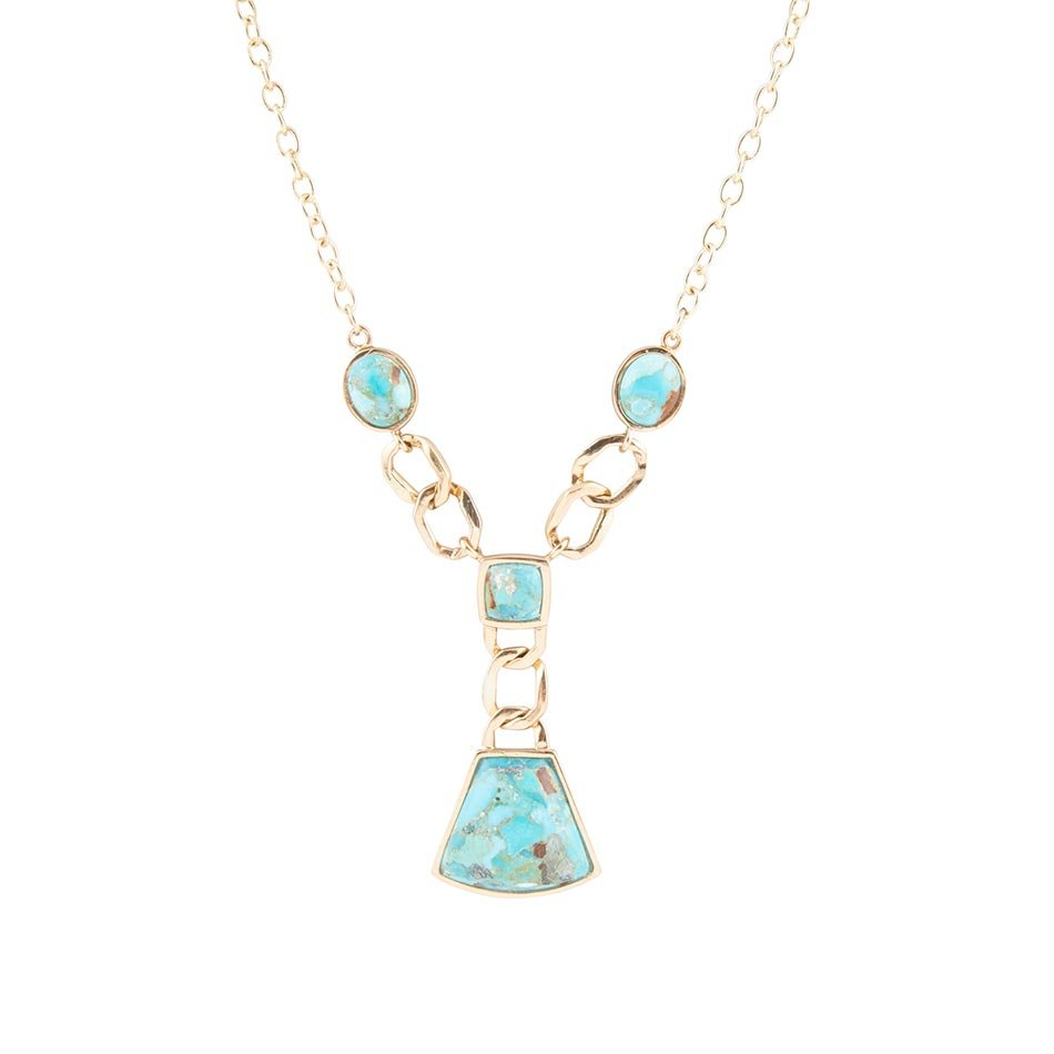 Start2Finish Athena blue turquoise and gold Y-neck necklace featuring a vibrant turquoise pendant and elegant gold chain.