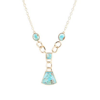 Start2Finish Athena blue turquoise and gold Y-neck necklace featuring a vibrant turquoise pendant and elegant gold chain.