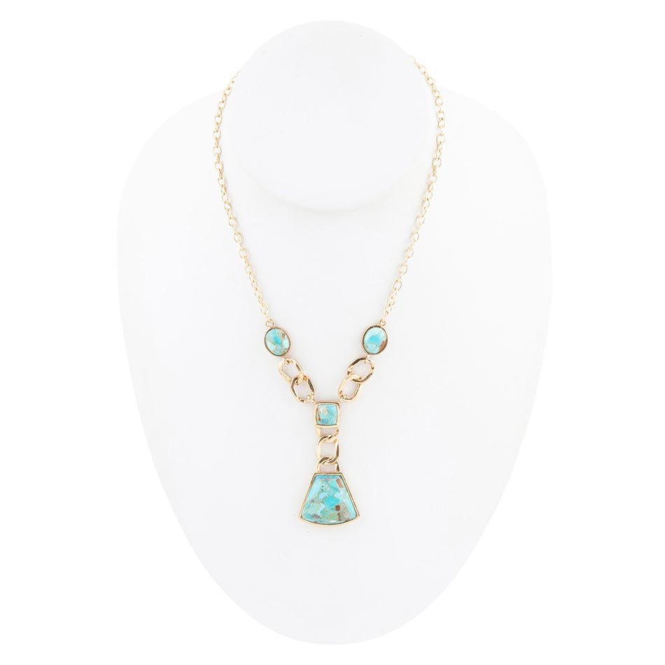 Athena blue turquoise and gold Y-neck necklace by Start2Finish, featuring a stylish jewelry design with vibrant turquoise stones.