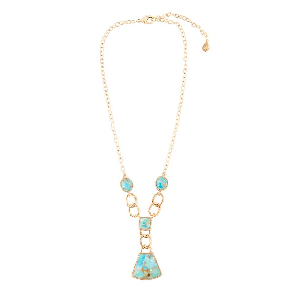 Start2Finish Athena Blue Turquoise and Gold Y-neck necklace with a delicate chain and vibrant turquoise pendant.