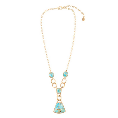Start2Finish Athena Blue Turquoise and Gold Y-neck necklace with a delicate chain and vibrant turquoise pendant.