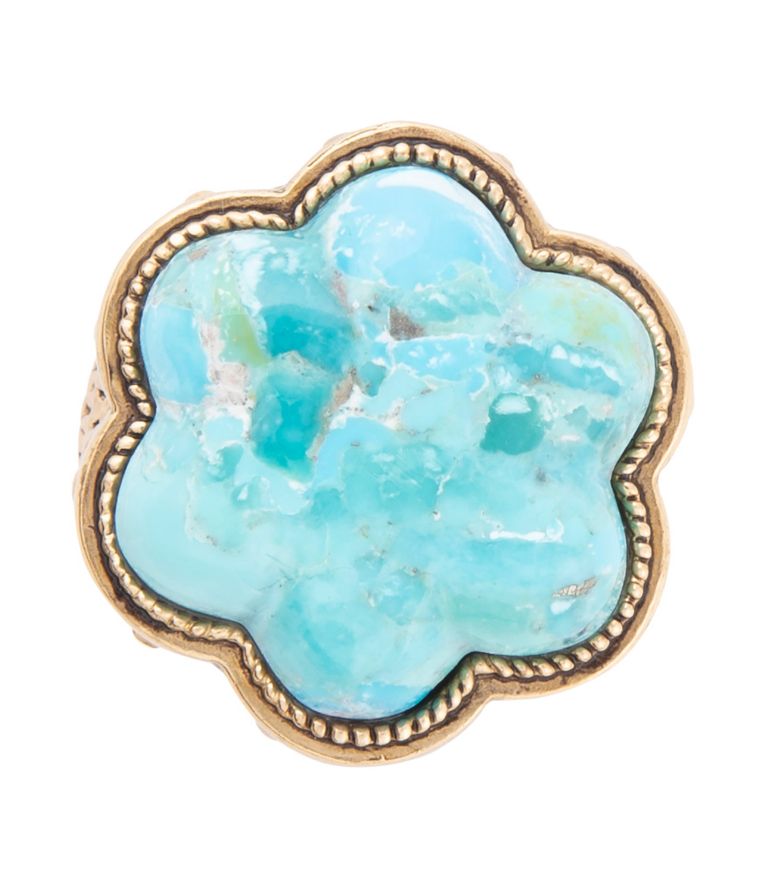 Blue turquoise flower gold ring from Start2Finish jewelry featuring intricate floral design and shiny gold band.