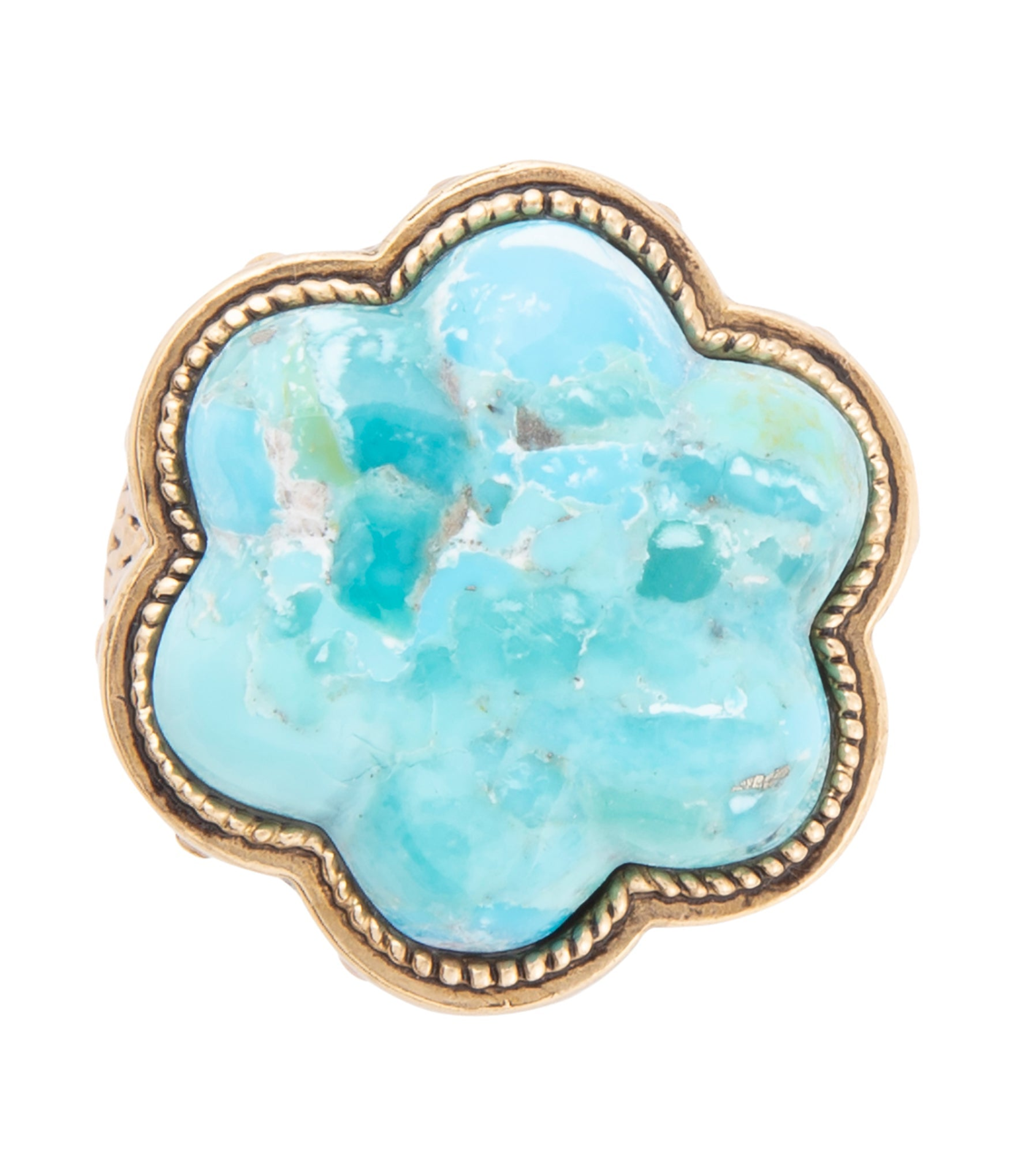 Blue turquoise flower gold ring from Start2Finish jewelry featuring intricate floral design and shiny gold band.