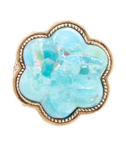 Blue turquoise flower gold ring from Start2Finish jewelry featuring intricate floral design and shiny gold band.
