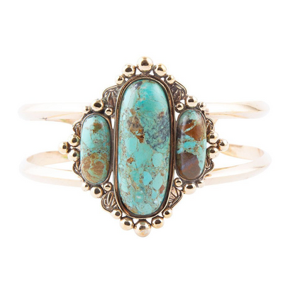 Plateau blue turquoise and golden cuff bracelet from Start2Finish, featuring bold jewelry design and intricate metalwork.