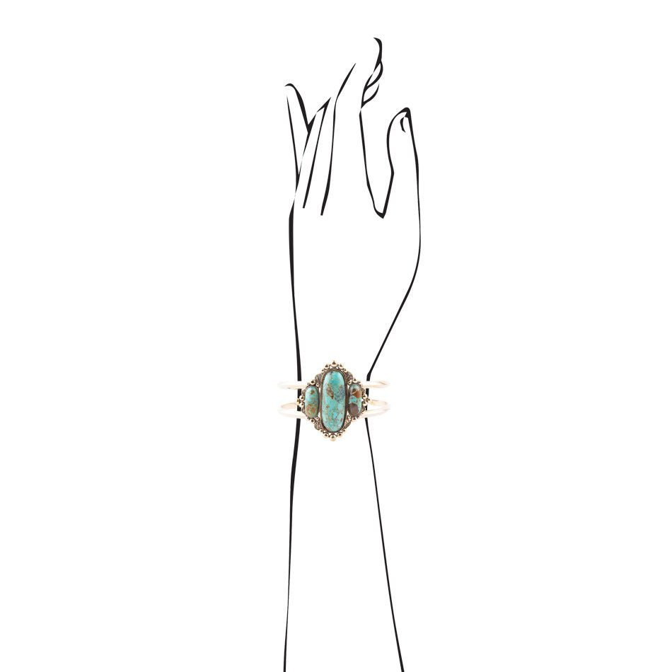 Start2Finish blue turquoise and gold cuff bracelet with a bold, wide jewelry design featuring intricate detailing.
