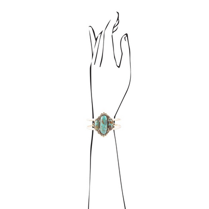 Start2Finish blue turquoise and gold cuff bracelet with a bold, wide jewelry design featuring intricate detailing.