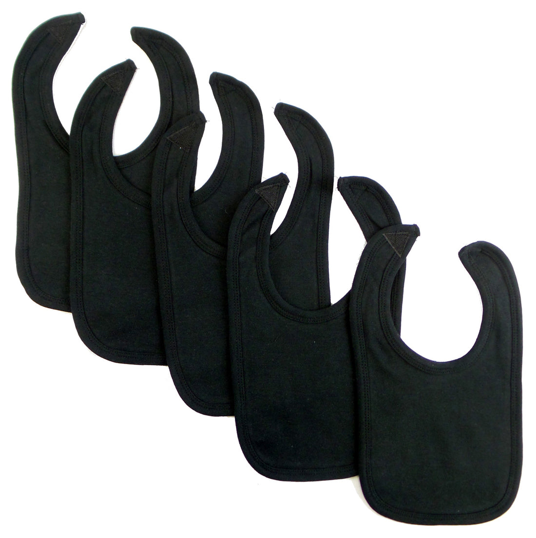 Set of five Emerald Clover Bambini Black Interlock Bibs for babies and kids, made from soft, durable interlock fabric.