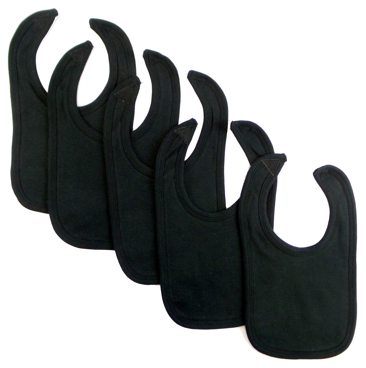 Set of five Emerald Clover Bambini Black Interlock Bibs for babies and kids, made from soft, durable interlock fabric.