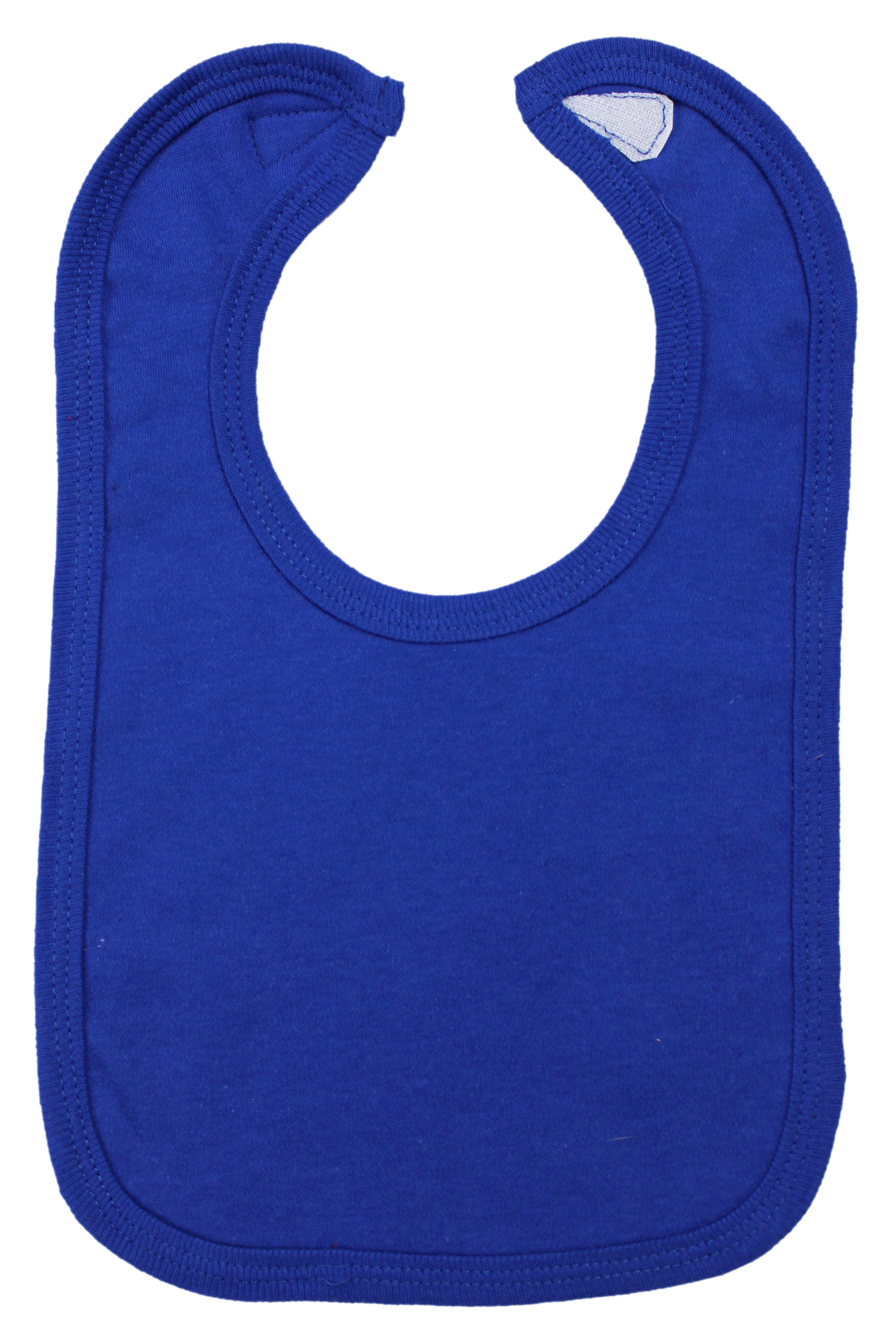 Royal blue interlock bib for kids and babies by Emerald Clover, showing soft fabric and adjustable neck strap.