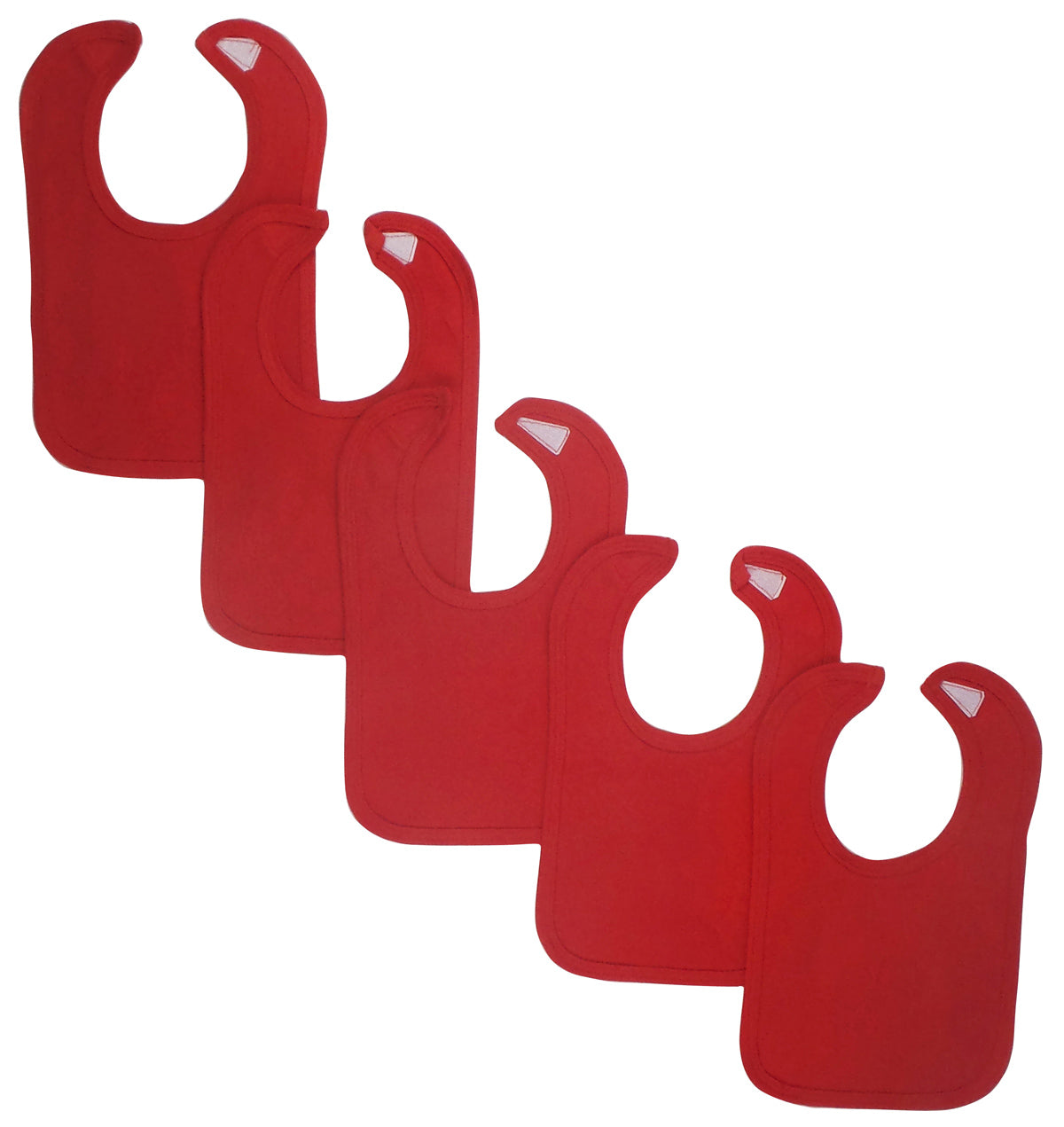 Set of five red baby bibs from Emerald Clover, soft and absorbent baby accessories with adjustable neck closures.