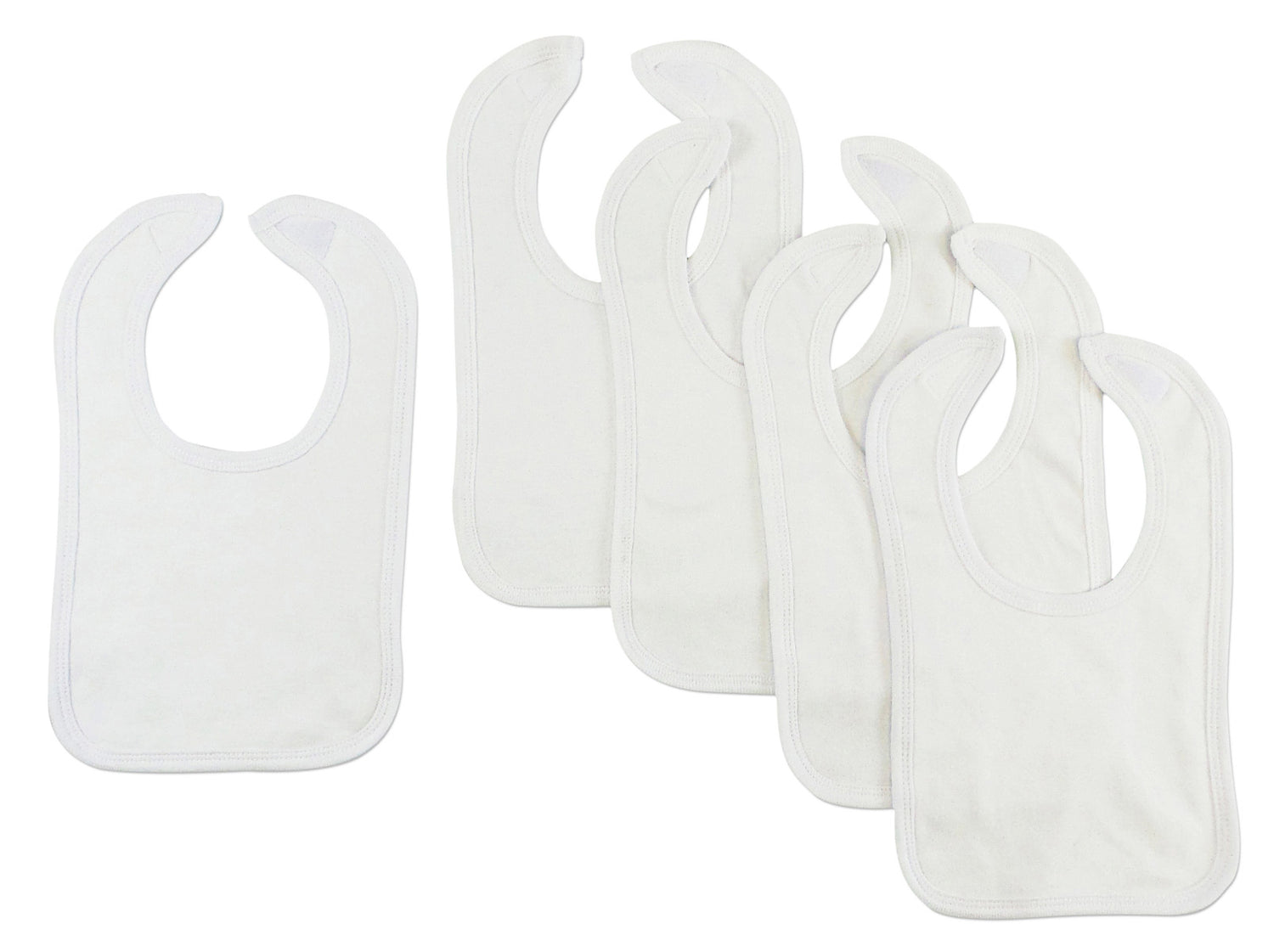 Set of five white interlock bibs by Emerald Clover, soft and absorbent baby accessories for feeding and drooling.