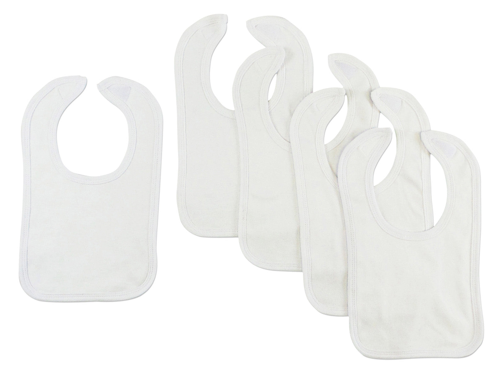 Set of five white interlock bibs by Emerald Clover, soft and absorbent baby accessories for feeding and drooling.