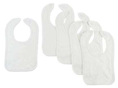 Set of five white interlock bibs by Emerald Clover, soft and absorbent baby accessories for feeding and drooling.