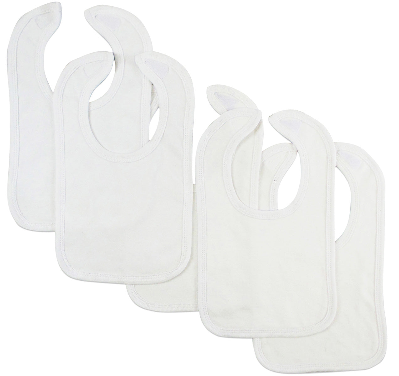 Set of five white interlock bibs by Emerald Clover, soft and absorbent parenthood accessory for babies.