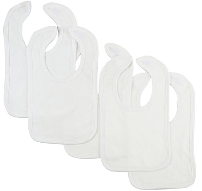 Set of five white interlock bibs by Emerald Clover, soft and absorbent parenthood accessory for babies.