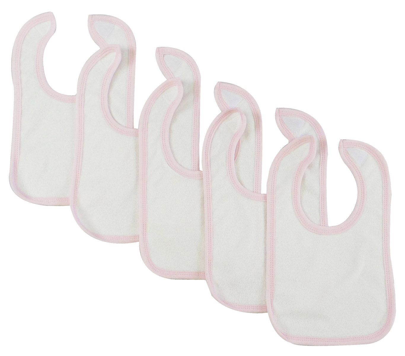 Set of five white baby bibs with pink trim by Emerald Clover, featuring soft, absorbent fabric and adjustable neck closures.