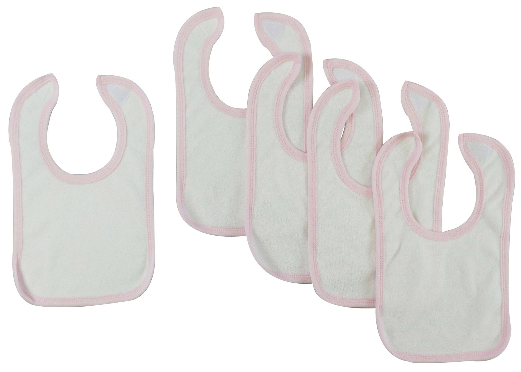 Set of five white baby bibs with pink trim from Emerald Clover, perfect for feeding and keeping clothes clean.