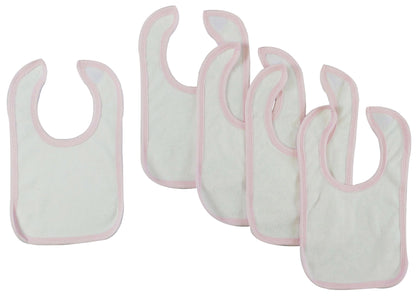 Set of five white baby bibs with pink trim from Emerald Clover, perfect for feeding and keeping clothes clean.
