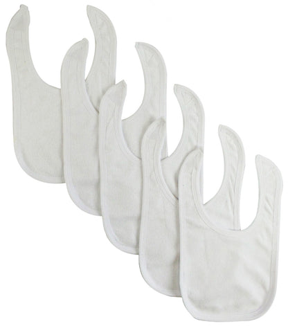 Set of five solid white baby bibs by Emerald Clover, soft and absorbent parenthood accessory for feeding and drooling.