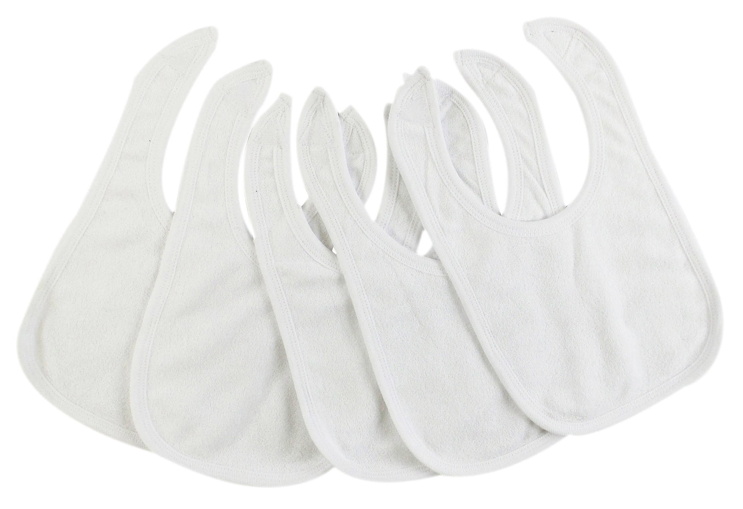 Pack of five solid white baby bibs by Emerald Clover, made for parenthood and accessories, shown in a close-up image.