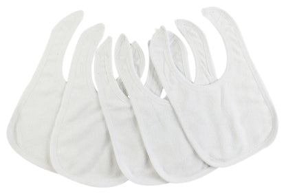 Pack of five solid white baby bibs by Emerald Clover, made for parenthood and accessories, shown in a close-up image.