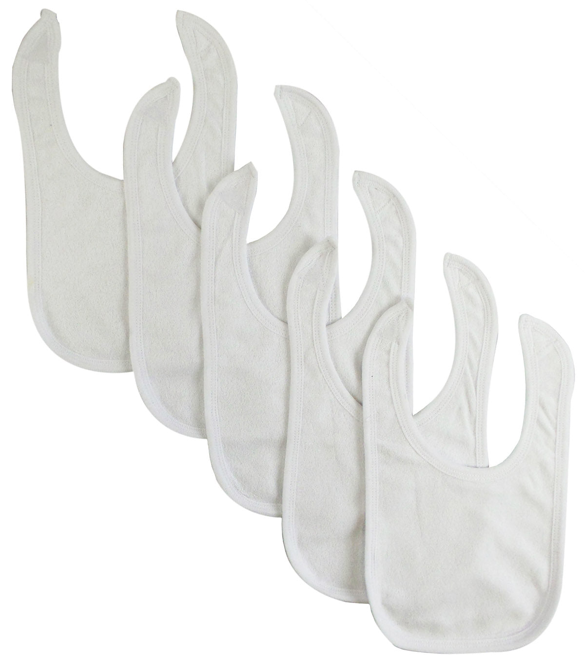 Set of five Emerald Clover Bambini solid white bibs for babies and kids, soft fabric with adjustable neck closures.