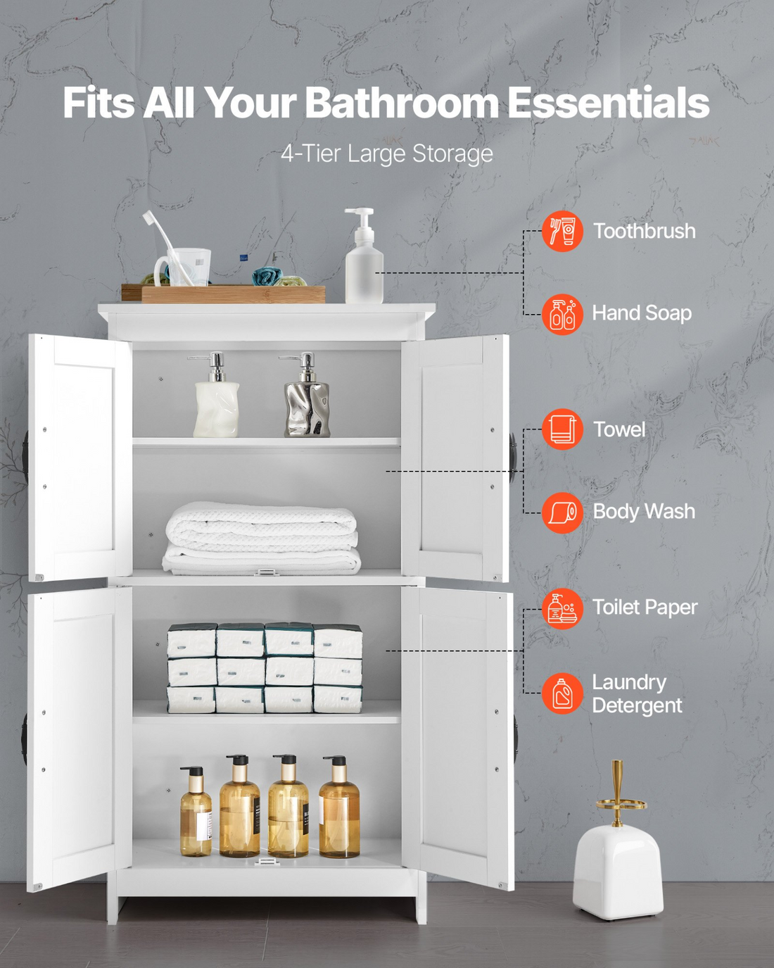 Start2Finish VEVOR 4-tier white bathroom floor cabinet with wooden storage, 4 doors, adjustable shelves, suitable for kitchen or entryway.