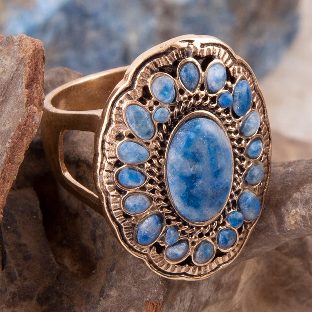Start2Finish Concho denim blue lapis and gold ring featuring a detailed concho design and vibrant blue lapis gemstone.