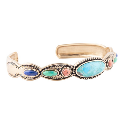 Colorful golden cuff bracelet with concho design from Start2Finish jewelry, featuring vibrant patterns and intricate metalwork.