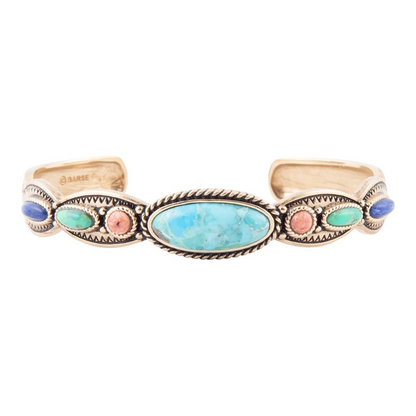 Colorful golden cuff bracelet with concho details from Start2Finish jewelry, featuring vibrant design and intricate metalwork.